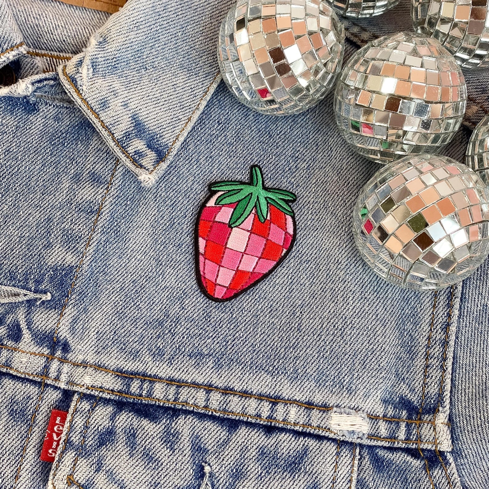 disco strawberry patch - embroidered iron on patch on jacket