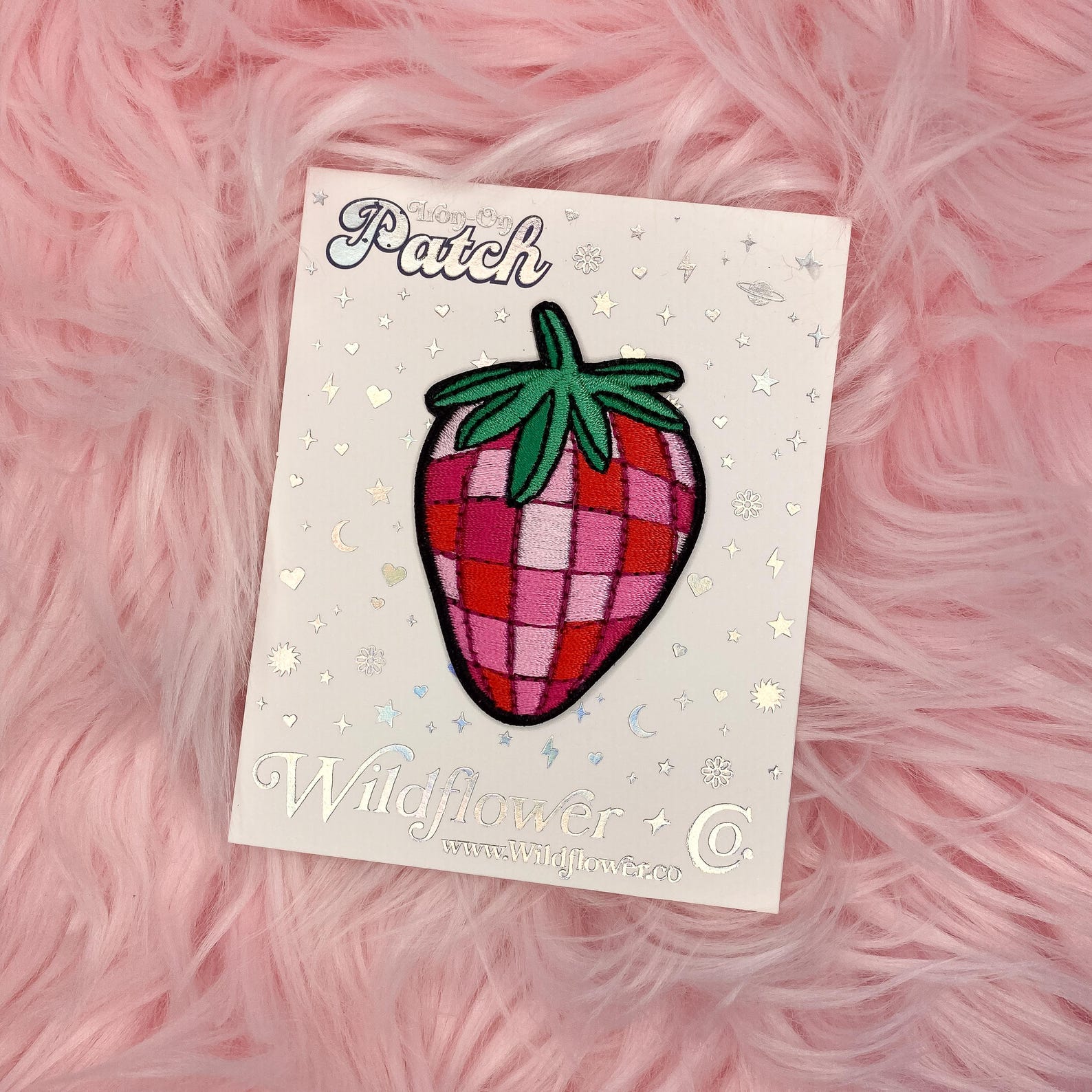 disco strawberry patch - embroidered iron on patch on card