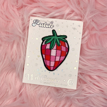 disco strawberry patch - embroidered iron on patch on card