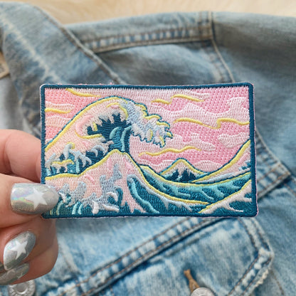 great wave iron on patch - embroidered pastels  - wildflower + co. diy