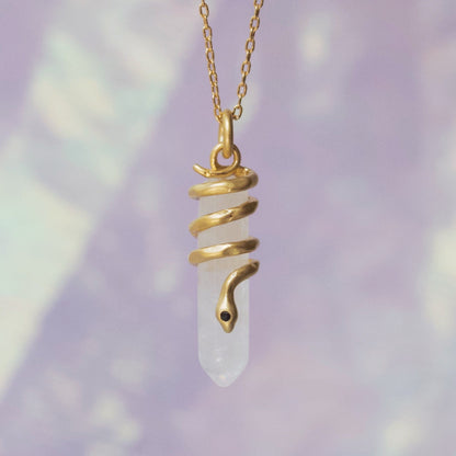 Crystal Snake Necklace, Clear Quartz & Gold