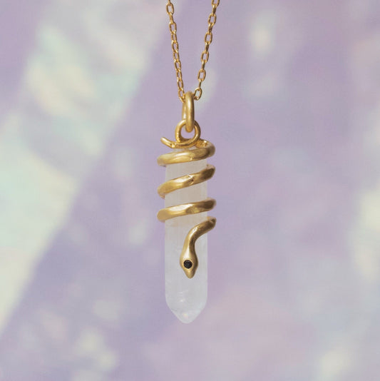 Crystal Snake Necklace, Clear Quartz & Gold