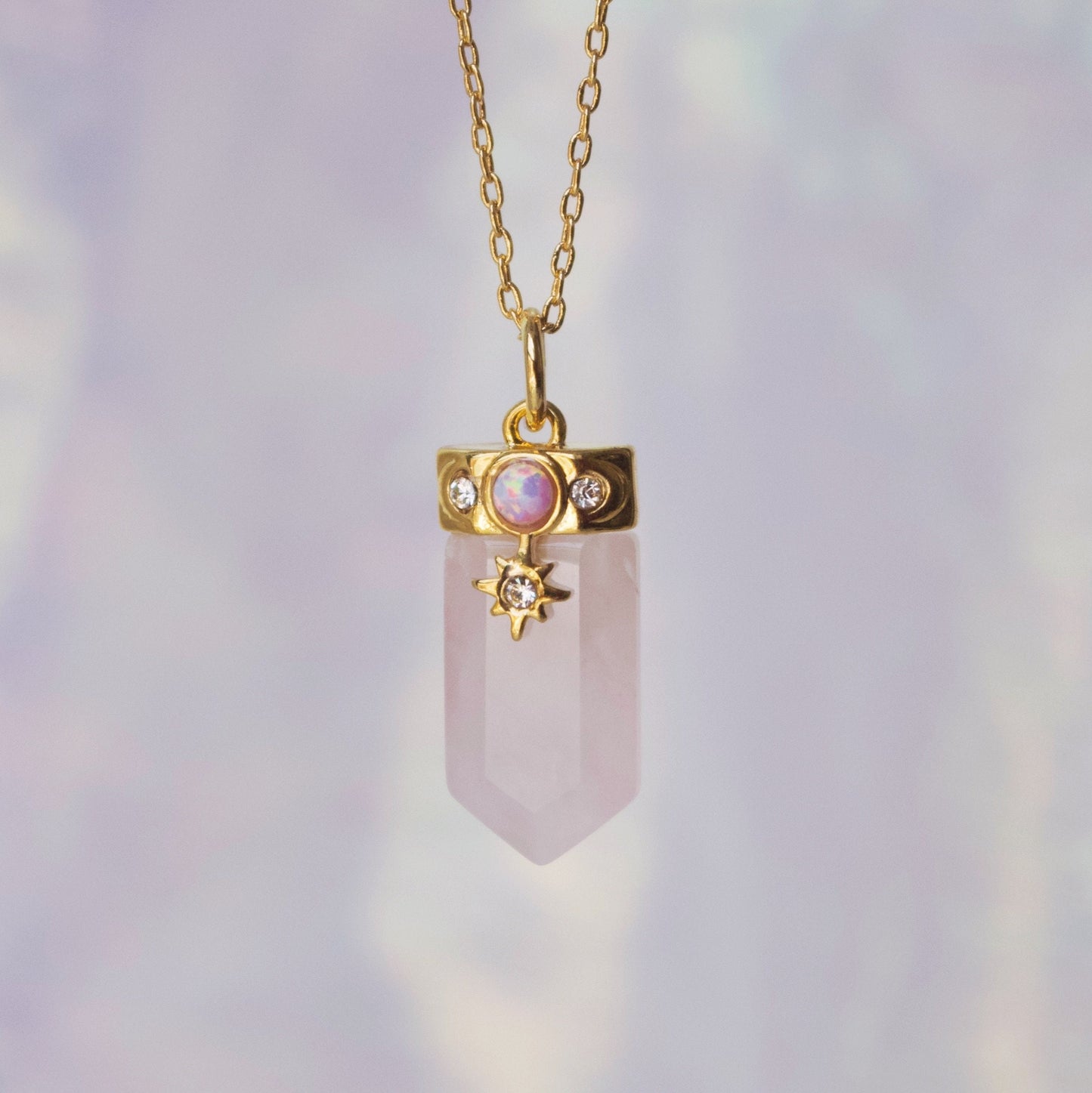 Celestial Crystal Charm Necklace, Rose Quartz & Gold