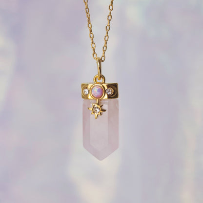 Celestial Crystal Charm Necklace, Rose Quartz & Gold