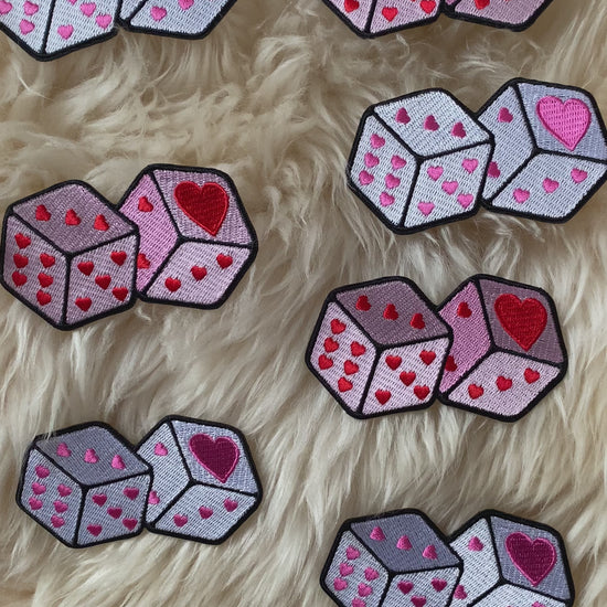 TR00669-WHT-OS heart love dice patch - pink or white - embroidered iron on patch - wildflower + co. video