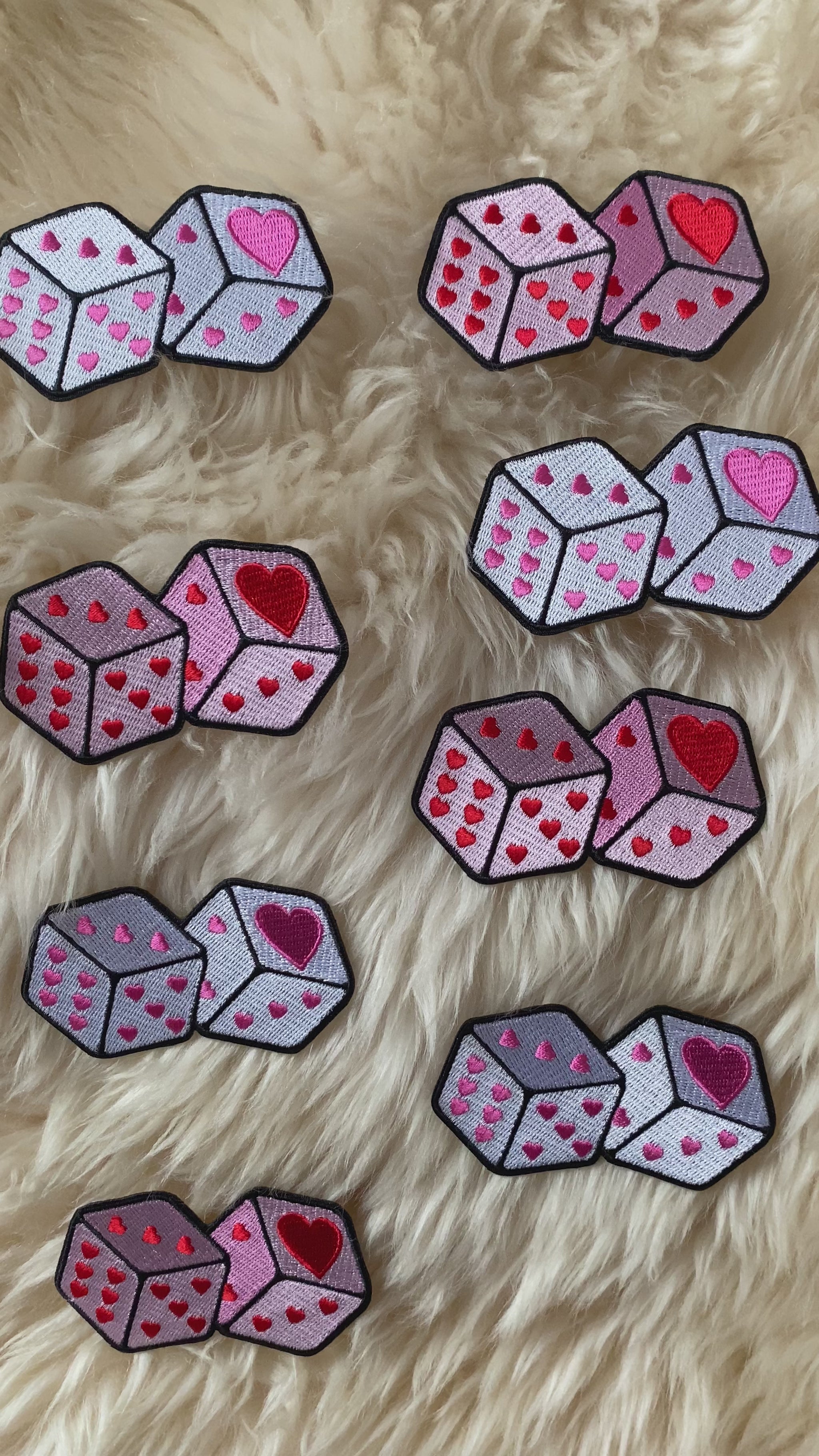 TR00669-WHT-OS heart love dice patch - pink or white - embroidered iron on patch - wildflower + co. video