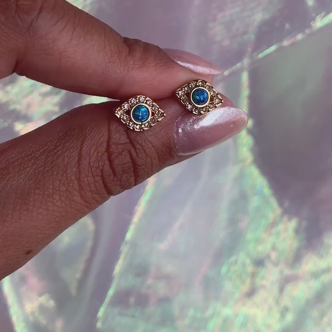 JW01004-GLD-OS - Evil Eye Stud Earrings, Blue Opal & Pave - Wildflower + Co (1) video