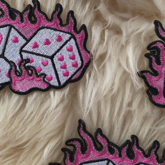 TR00674-MLT-OS - Flaming Dice Patch - Pink Patches - Embroidered Iron on Patch - Flaming Dice Accessory - Trendy Preppy Patch - Lucky Girl - Casino - Heart Dice Pair - Wildflower + Co video