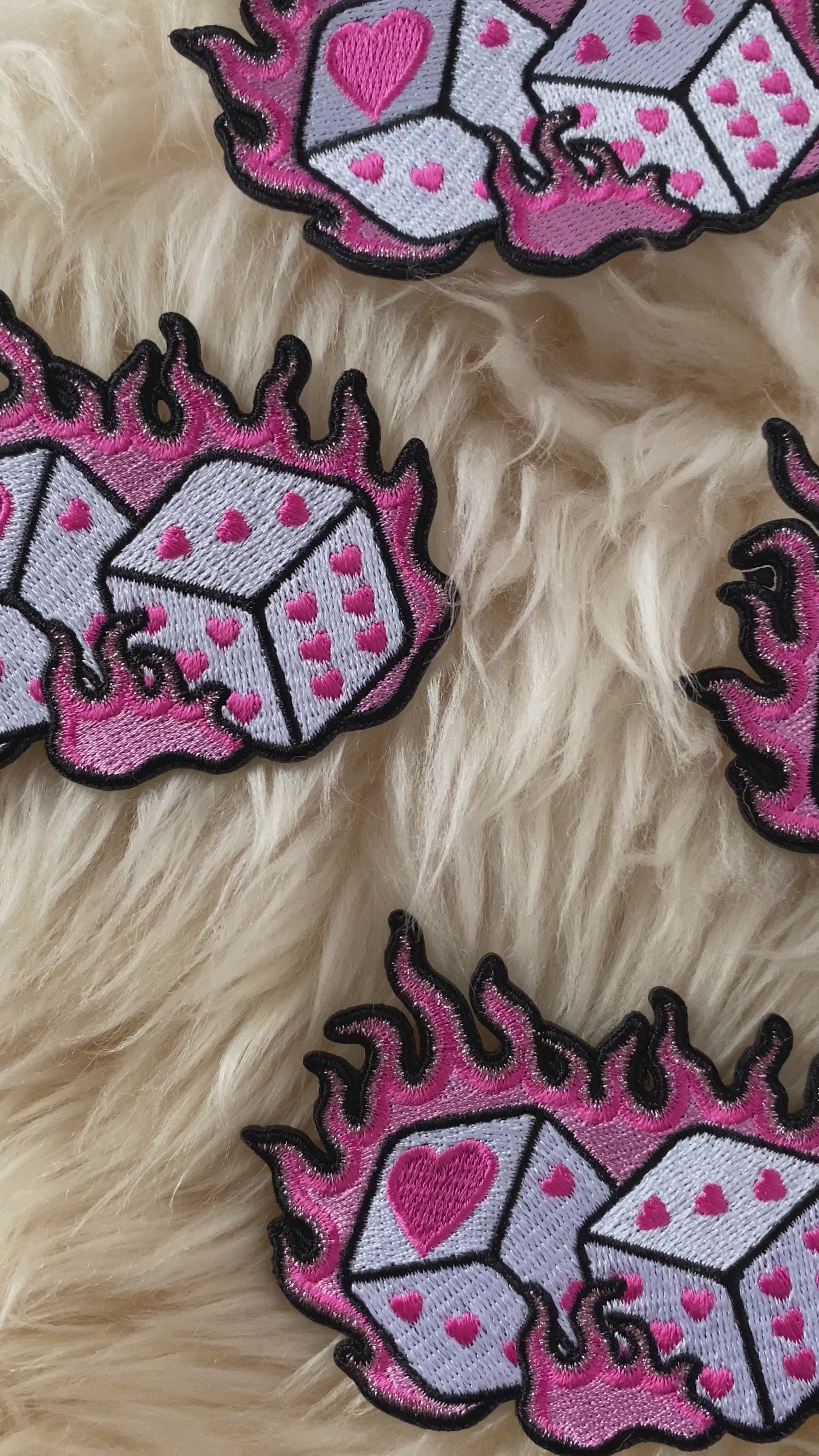 TR00674-MLT-OS - Flaming Dice Patch - Pink Patches - Embroidered Iron on Patch - Flaming Dice Accessory - Trendy Preppy Patch - Lucky Girl - Casino - Heart Dice Pair - Wildflower + Co video