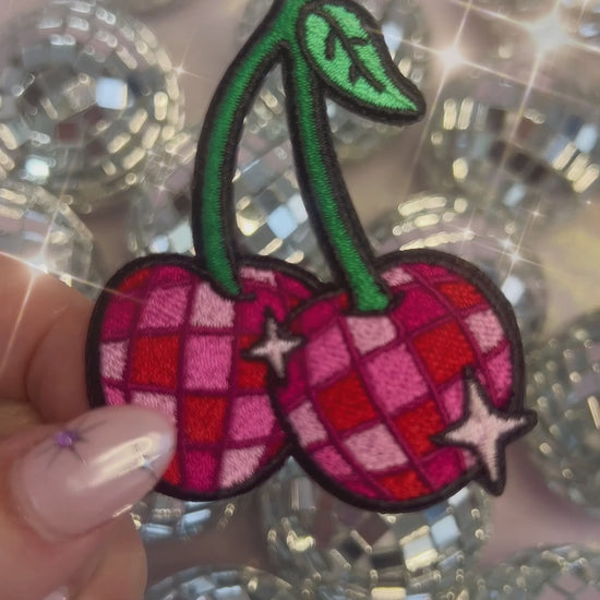TR00641-MLT-OS - Disco Ball Cherries Patch - Embroidered Iron on Patches for Jackets - Cute Fruit Gifts - Wildflower + Co - video