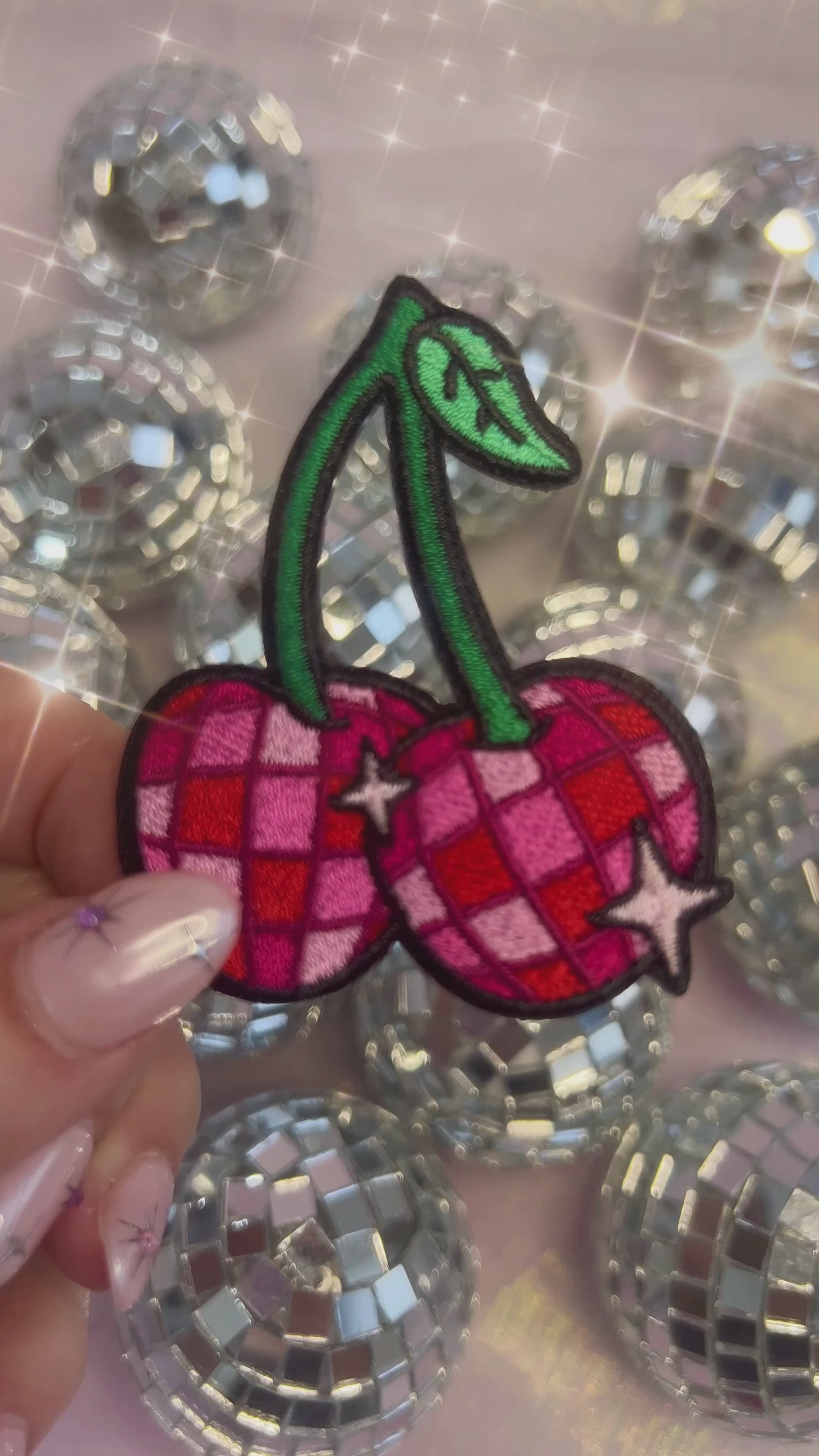 TR00641-MLT-OS - Disco Ball Cherries Patch - Embroidered Iron on Patches for Jackets - Cute Fruit Gifts - Wildflower + Co - video