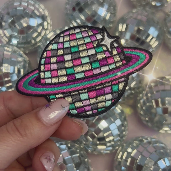 TR00643-MLT-OS - Disco Ball Planet Patch - Embroidered Iron on Patches for Jackets - Planet Cute Gifts - Wildflower + Co video in hand