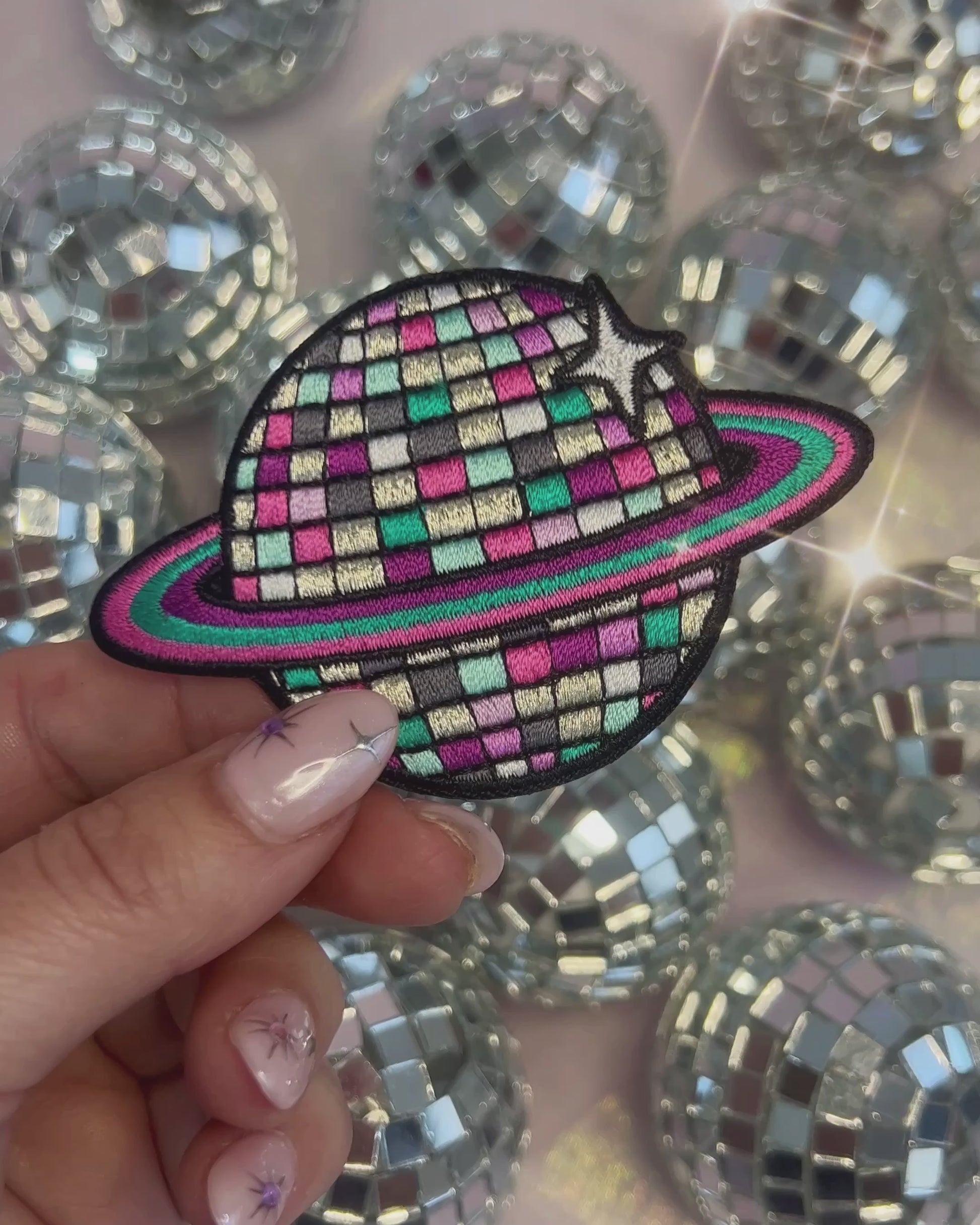 TR00643-MLT-OS - Disco Ball Planet Patch - Embroidered Iron on Patches for Jackets - Planet Cute Gifts - Wildflower + Co video in hand