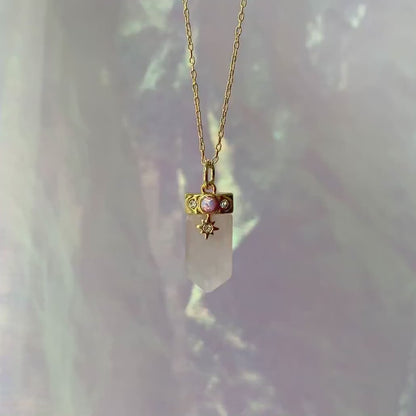 Celestial Crystal Charm Necklace, Rose Quartz & Gold