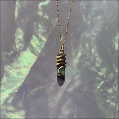 Crystal Snake Necklace, Rainbow Fluorite & Gold