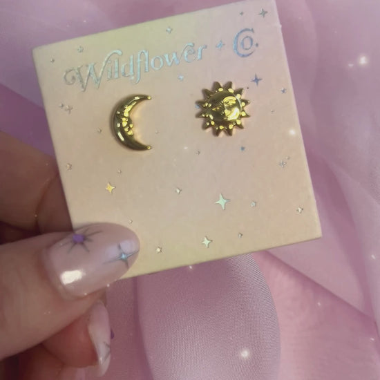 JW01013-GLD-OS - Sun & Moon Stud Earrings - Cute Jewelry - Gold Accessories - Wildflower + Co video