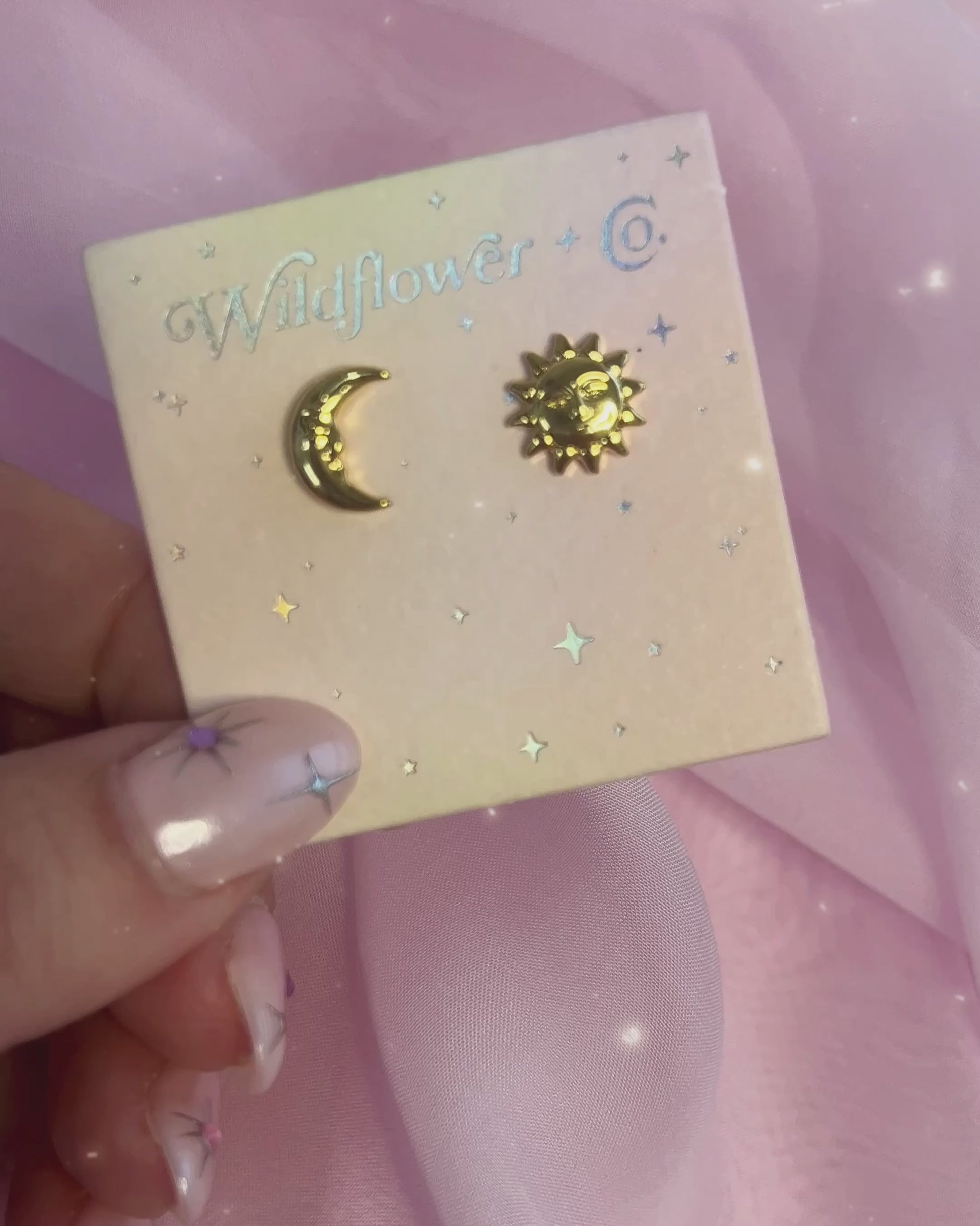 JW01013-GLD-OS - Sun & Moon Stud Earrings - Cute Jewelry - Gold Accessories - Wildflower + Co video