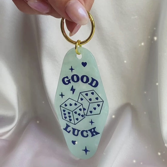 AC00473-MLT-OS Good Luck Motel Keychain - Light Blue Opalescent Key Chain Key Ring Bag Charm - Wildflower + Co VIDEO