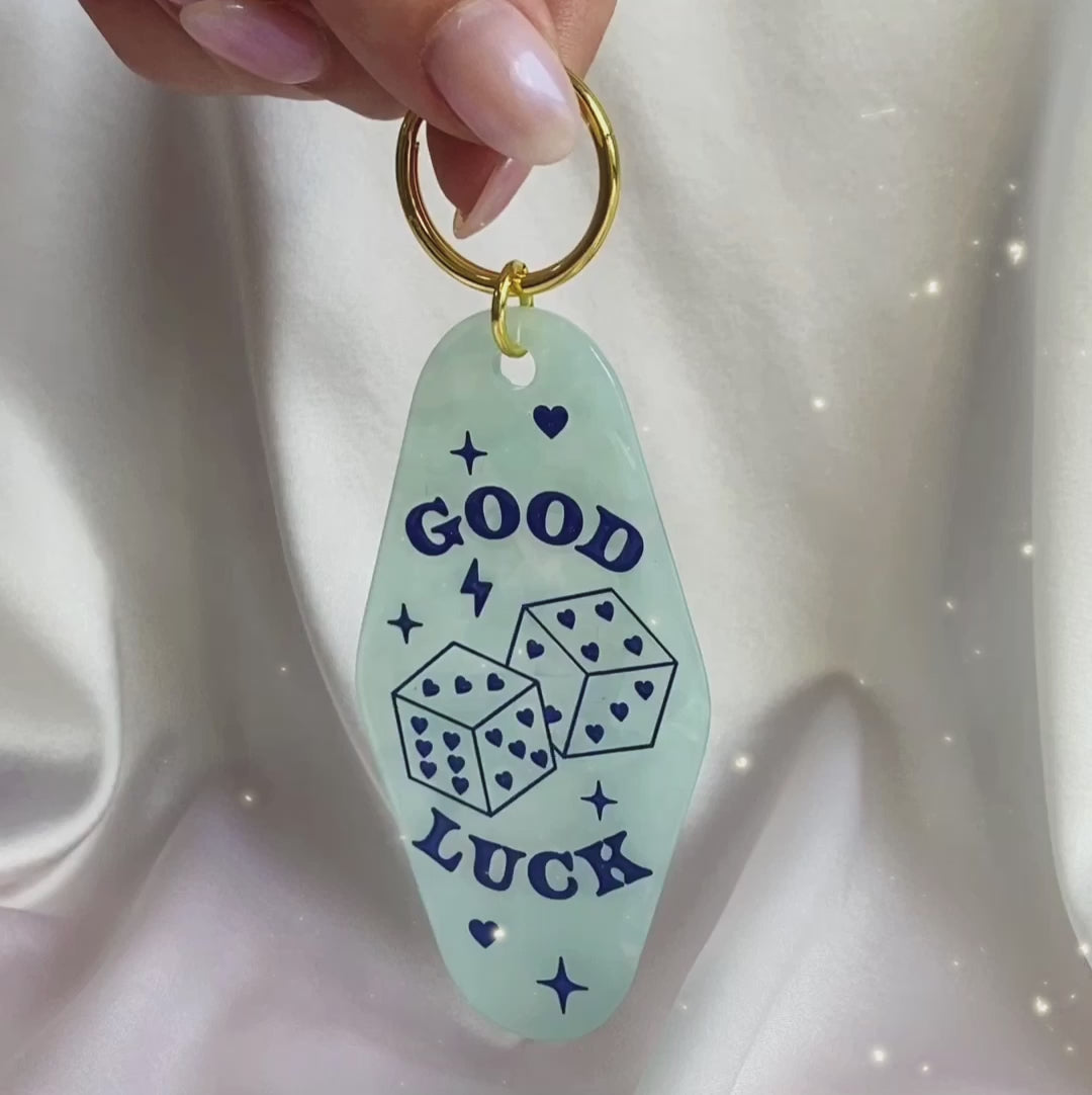 AC00473-MLT-OS Good Luck Motel Keychain - Light Blue Opalescent Key Chain Key Ring Bag Charm - Wildflower + Co VIDEO
