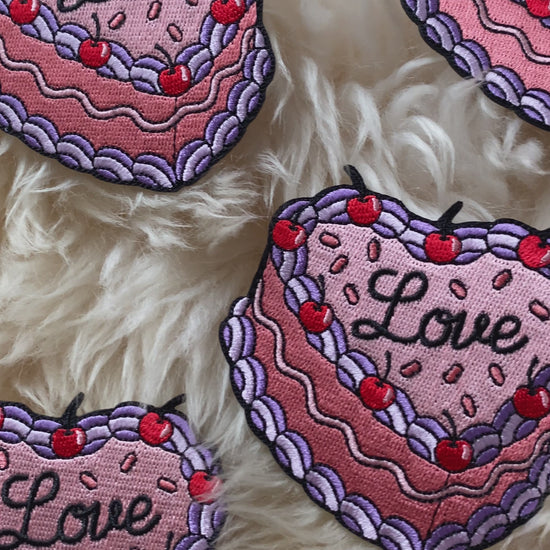 TR00675-PNK-OS - Love Cake Patch - Vintage Cake Patches - Embroidered Iron on Patch - Valentine's Day Gift - Pink Patches - Girlycore - Sweet Treat Patch - Pastry - Wildflower + Co (1) video