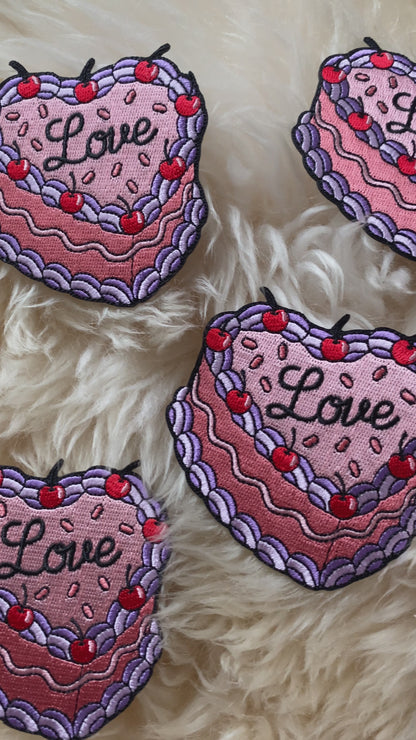 TR00675-PNK-OS - Love Cake Patch - Vintage Cake Patches - Embroidered Iron on Patch - Valentine's Day Gift - Pink Patches - Girlycore - Sweet Treat Patch - Pastry - Wildflower + Co (1) video