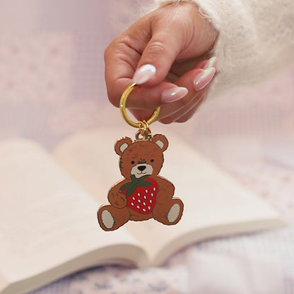 Teddy Bear w. Strawberry Enamel Keychain