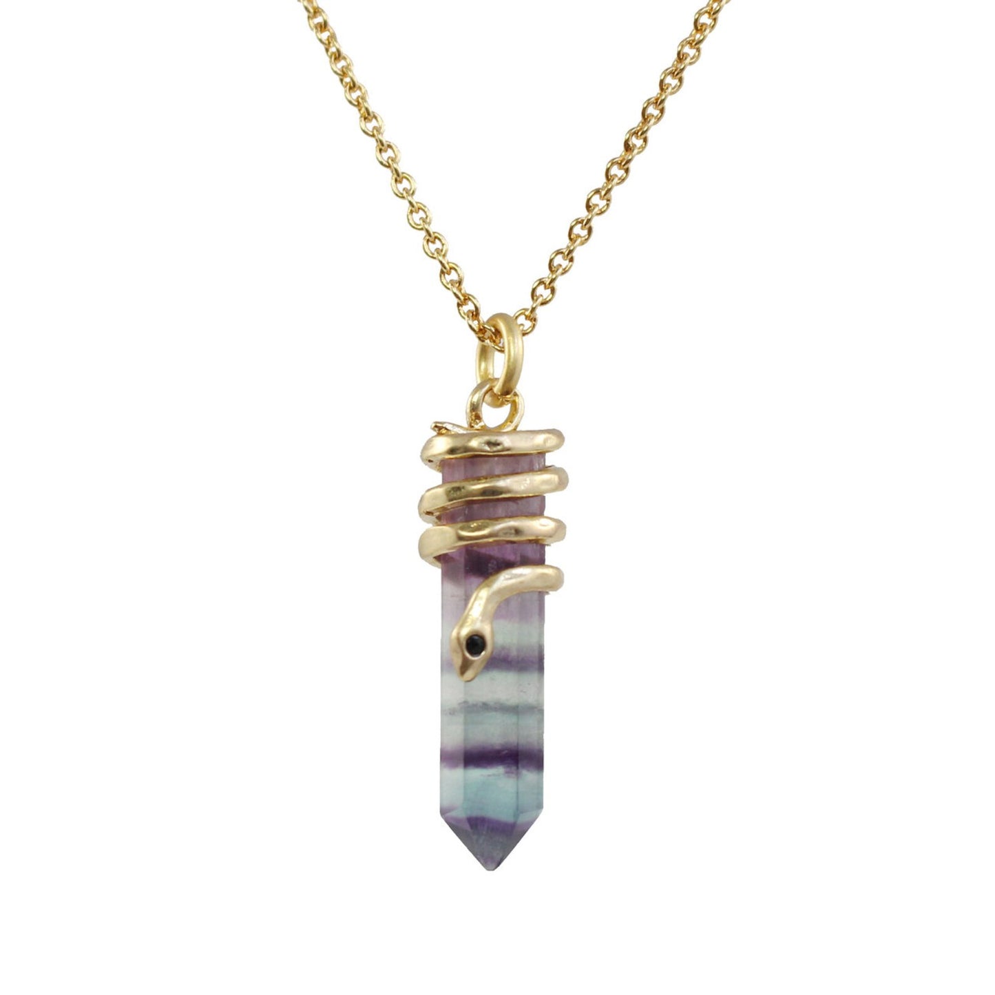 Crystal Snake Necklace, Rainbow Fluorite & Gold