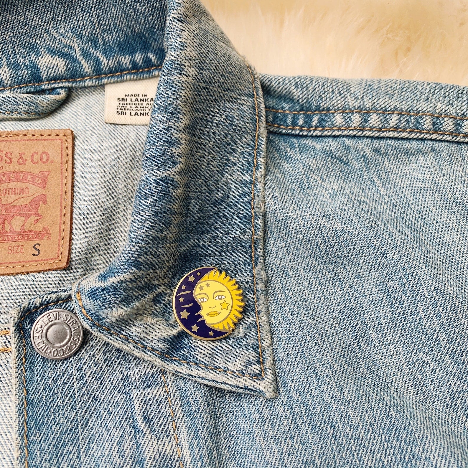 sun & moon enamel pin on jacket