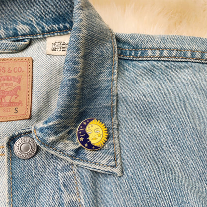 sun & moon enamel pin on jacket