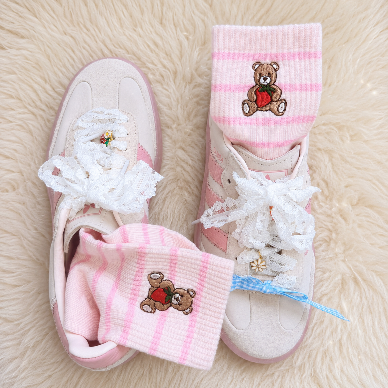Teddy Bear Embroidered Socks - Pink Stripes