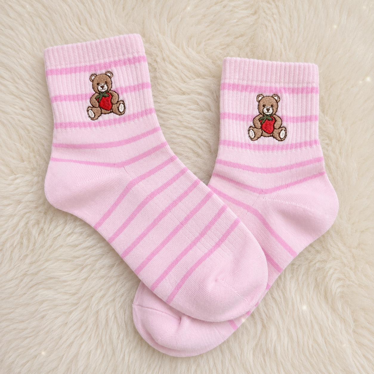 Teddy Bear Embroidered Socks - Pink Stripes