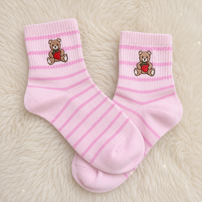 Teddy Bear Embroidered Socks - Pink Stripes
